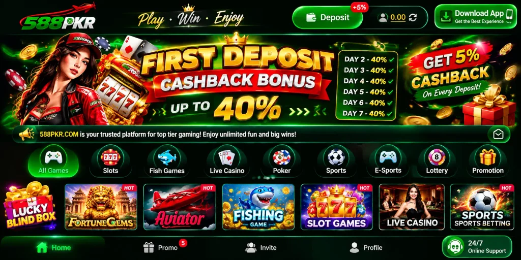 588PKR game platform homepage with jackpot banner, mini games, slot games, fishing, cards, and promotional offers