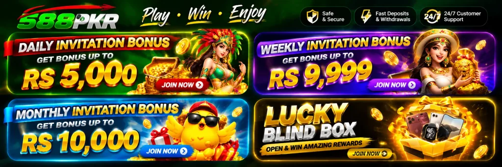 588PKR invitation bonus promotions featuring daily, weekly, and monthly rewards plus a lucky blind box offer