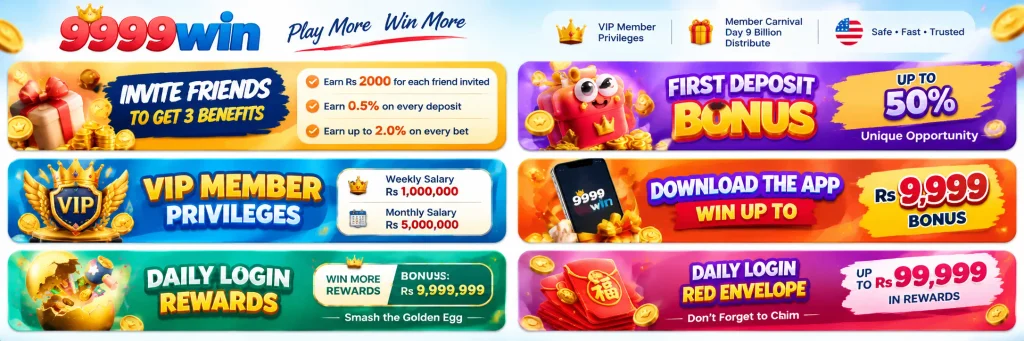 9999win casino promotions banner featuring first deposit bonus, VIP rewards, app bonus and daily login rewards