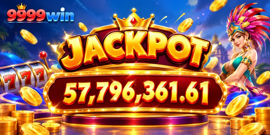 9999win jackpot banner showing a large jackpot amount with casino coins, slot machine and colorful casino character