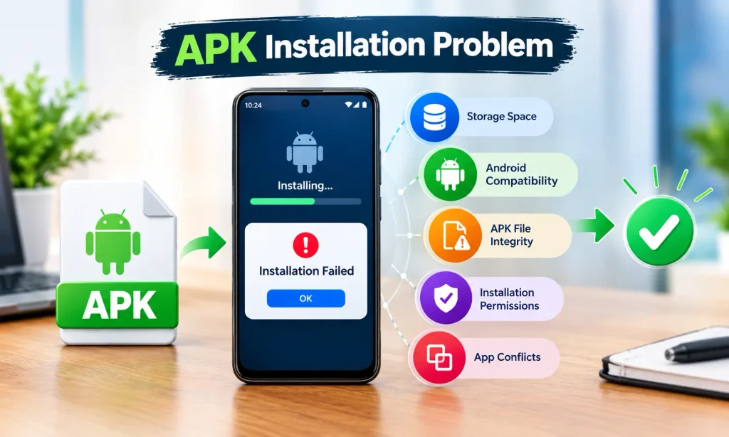 APK installation problem illustration showing an Android smartphone with an installation failed warning, APK file, storage space, Android compatibility, file integrity, installation permissions, and app conflict troubleshooting solutions.