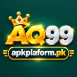 AQ99 gaming logo with a golden crown and silver lettering, featuring apkplaform.pk on a dark teal background