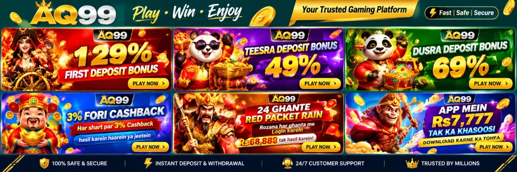 AQ99 gaming platform banner featuring 129% first deposit bonus, 49% deposit bonus, cashback offers, and colorful casino game promotions.