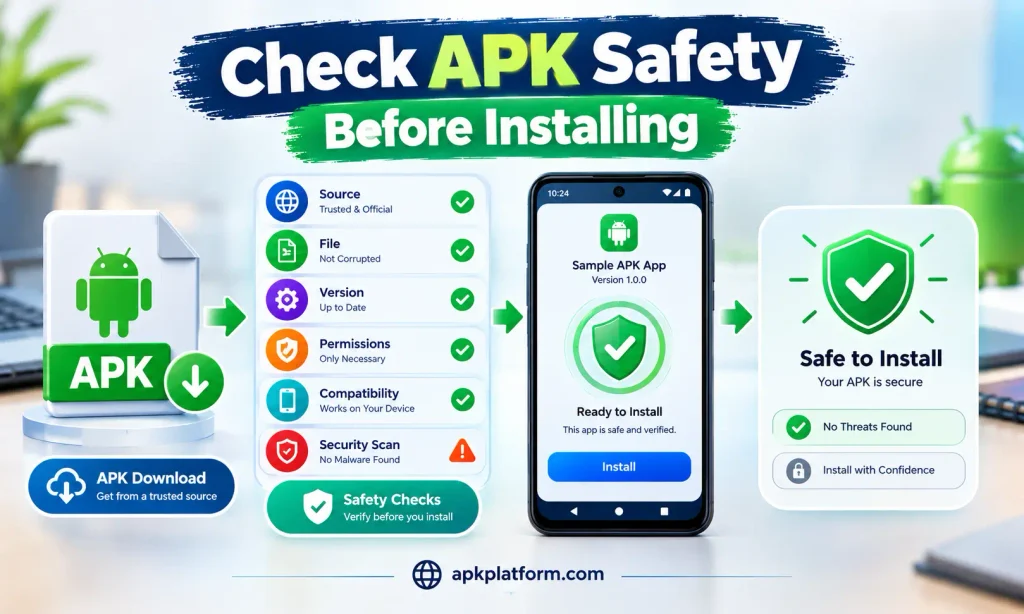 Educational infographic showing How to Check if an APK File Is Safe before installing, with an APK download icon, six safety checkpoints for source, file, version, permissions, compatibility, and security scan, followed by an Android phone and safe installation decision.