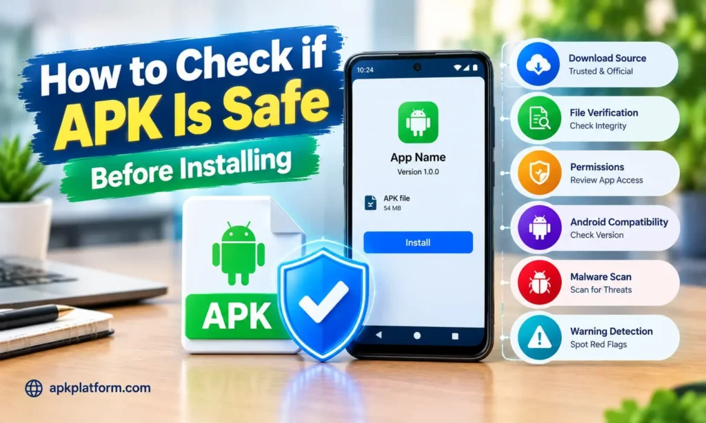 Android smartphone displaying an APK installation screen with a security shield and checkmark, illustrating how to check APK safety through download source, file verification, permissions, compatibility, malware scanning, and warning detection.