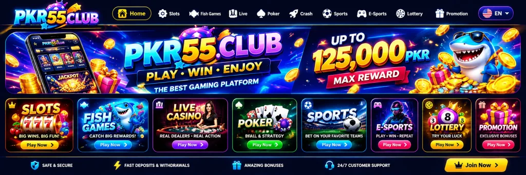 PKR55 Club promotional gaming banner featuring reward offers, slots, fish games, live casino, poker, sports, and lottery categories.