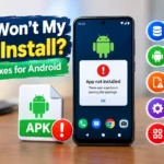 Why won't my APK install on Android? A smartphone showing an app installation failure alongside an APK file and common causes including low storage, compatibility issues, corrupted files, blocked permissions, and app conflicts.