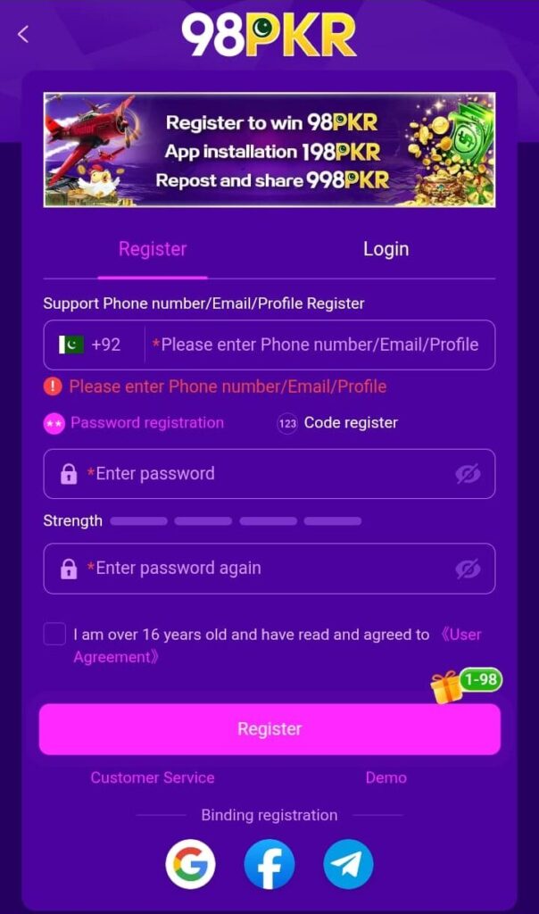 98PKR Game APK registration