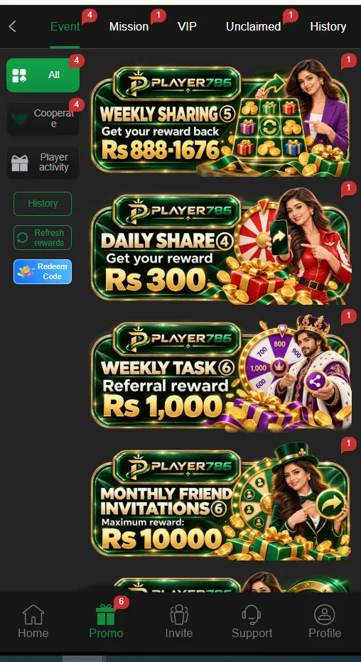Player786 Game rewards and bonus